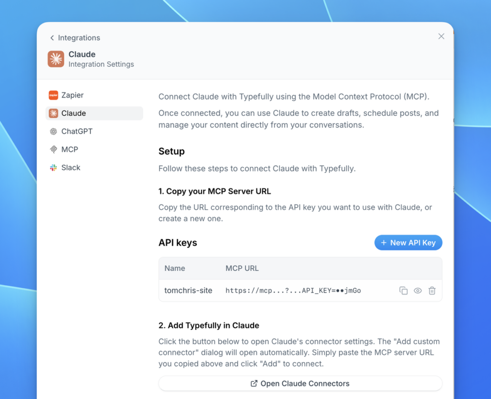 TypefullyのIntegrations画面でClaude連携のMCPサーバーURLとAPIキーを設定する画面