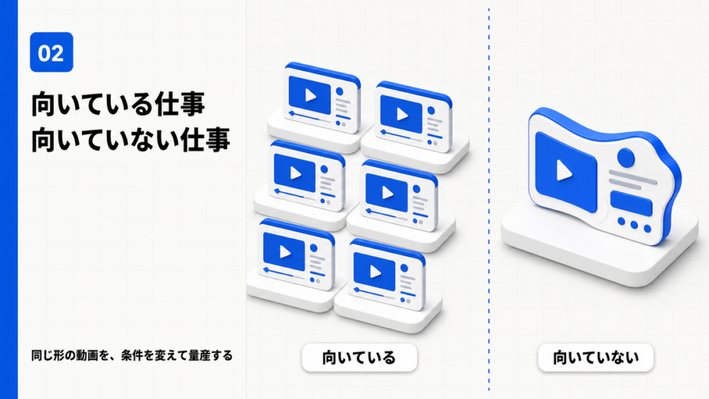 同じ体裁の動画を量産する業務に向いており単発の動画制作には向かないことを示す対比図