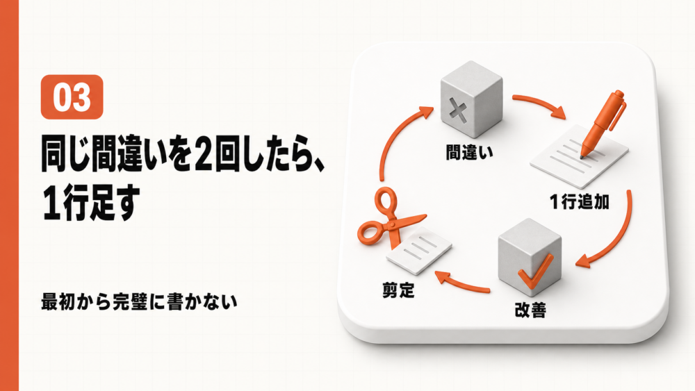間違い・1行追加・改善・剪定を繰り返すCLAUDE.md運用サイクルの図解
