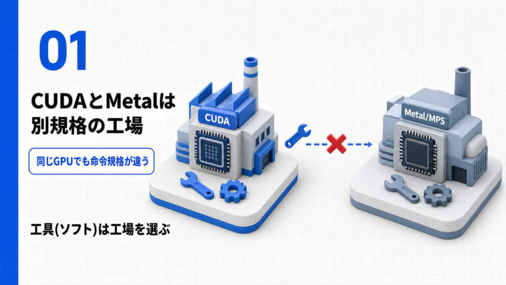 CUDAとMetal・MPSが別規格の工場であることを示す3Dイラスト図解