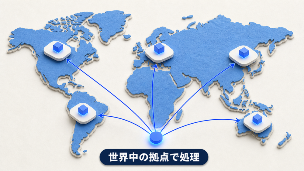 世界地図上の複数拠点でリクエストを処理するCloudflareのエッジ構成イメージ
